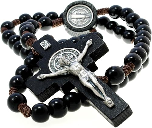 Miniatura 7 de Alexander Castle Our Father - Rosario de madera maciza (hechas a mano, nogal brasileño) con unión de San Benito, viene en bolsa de regalo de