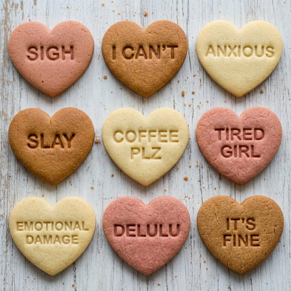 BAKERLOGY Set of 10 Unhinged & Relatable Mood Conversation Heart Cookie Cutters – Chaotic Cute Baking Tools for Self-Care Treats & Funny Gifts