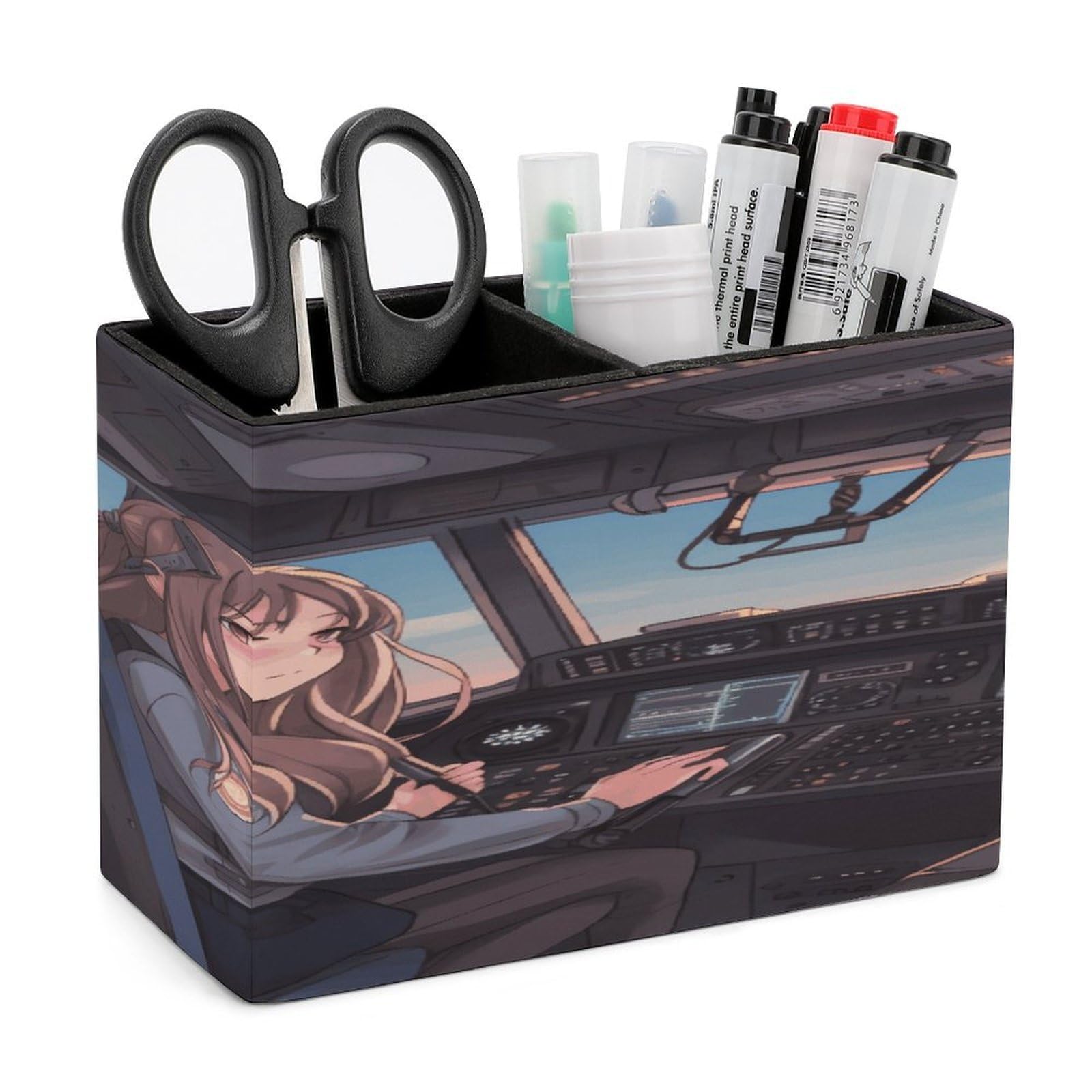 VstaDank Airplane Cockpit Pencil Holder for Desk(Double Slots) Fashion Leather Pencil Cup Simple Rectangular Shape Pen Holder Multi-Functional Pen Cup for Home Office Supplies Storage