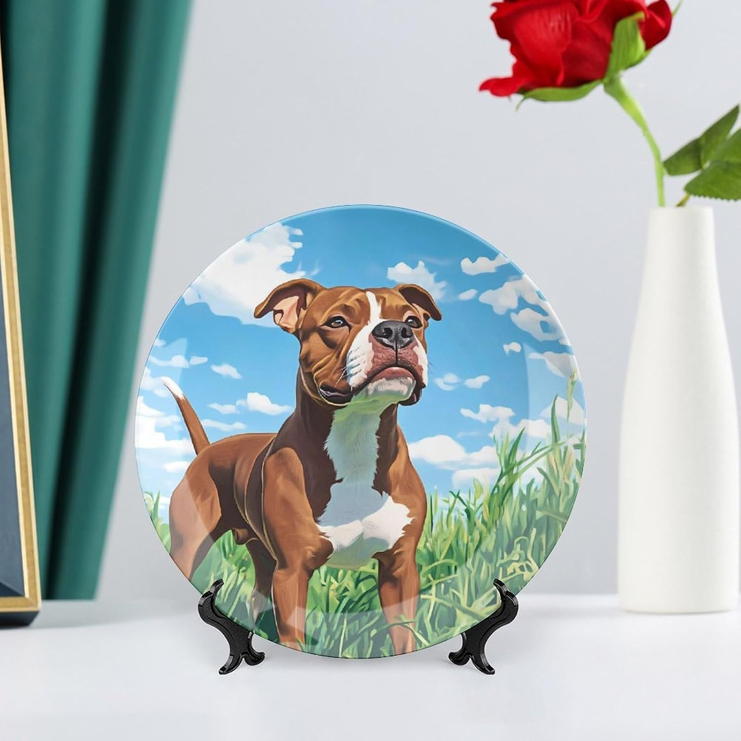 United States Staffordshire Terrier Dog Decorative Plates for Display Ceramic Plate Tray with Stand Hanger Home Decor
