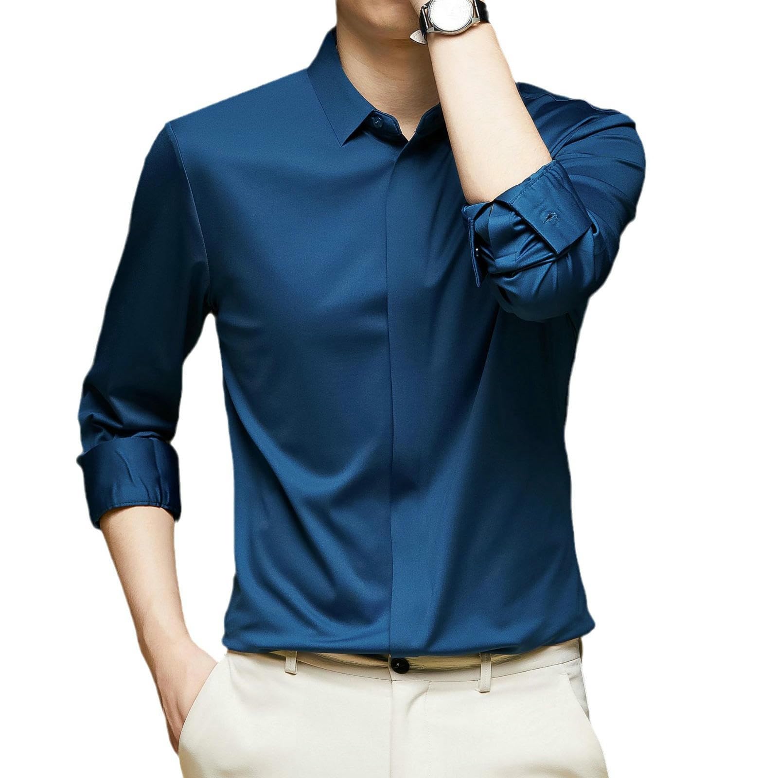 Camisa de manga larga para hombre, para primavera, otoño, color liso, con solapa, seda, sin costuras, informal, elástica, para hombre