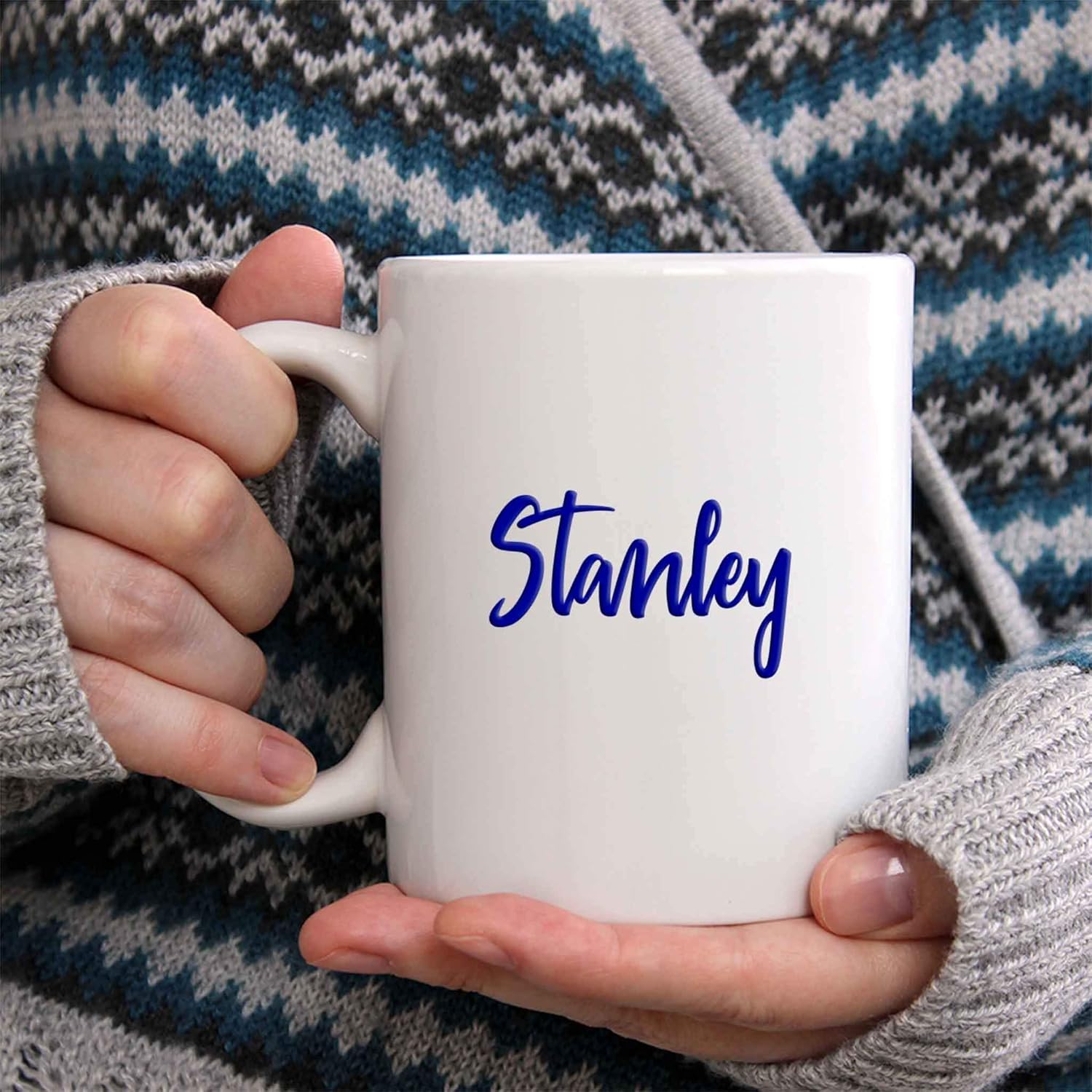 Stanley Coffee Mug - Personalized Ceramic Cup with Name, Custom Mug, Customized Birthday/Christmas Gift, Holiday Present, Blue Text, 11 Oz