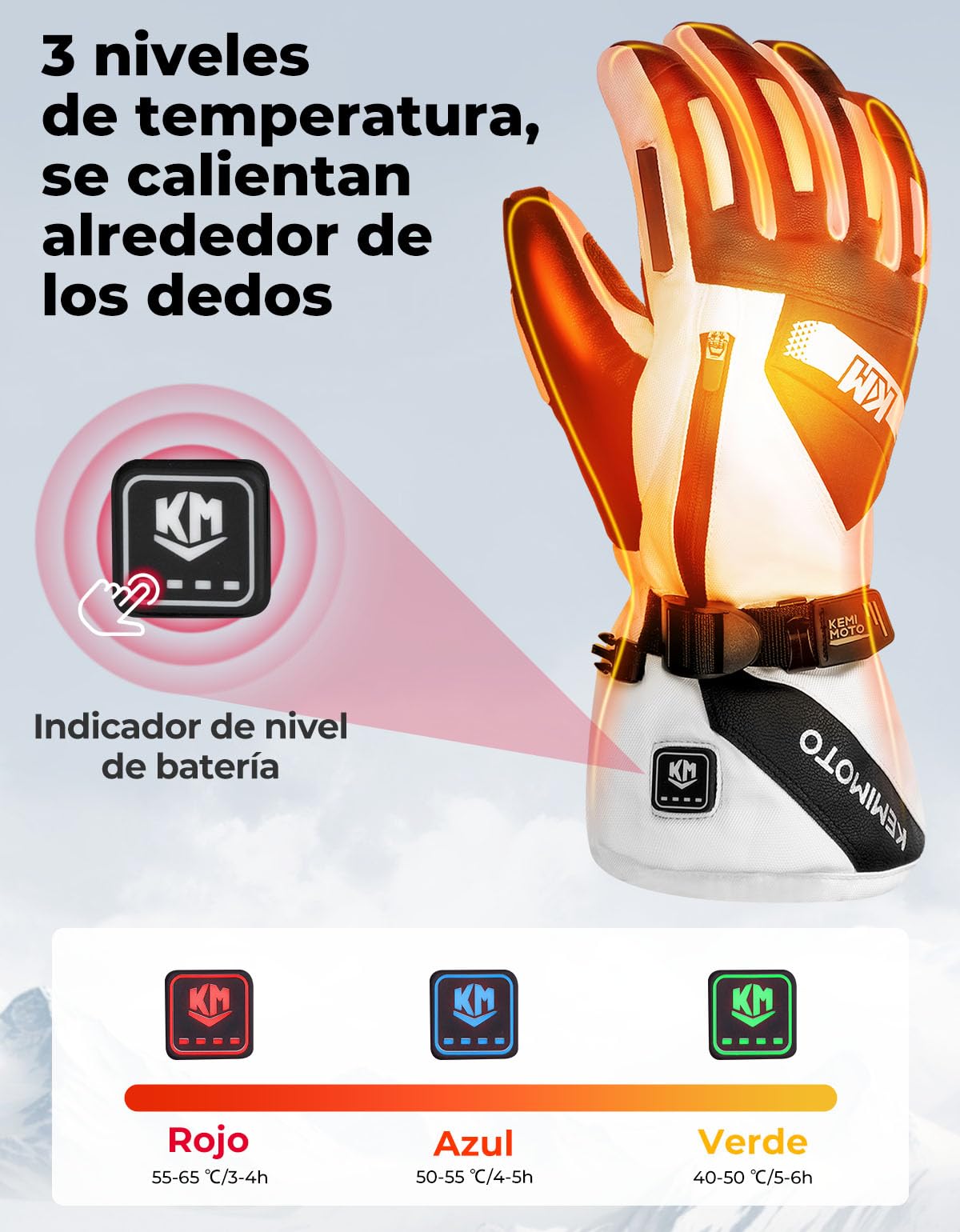 KEMIMOTO Guantes Moto Calefactables, Retención de Calor Desde -20℃ a -5℃, con Protección de Almohadilla EVA, 3 Niveles de Calefacción y 2500mAH, Esquí, Patinaje Actividades de Invierno