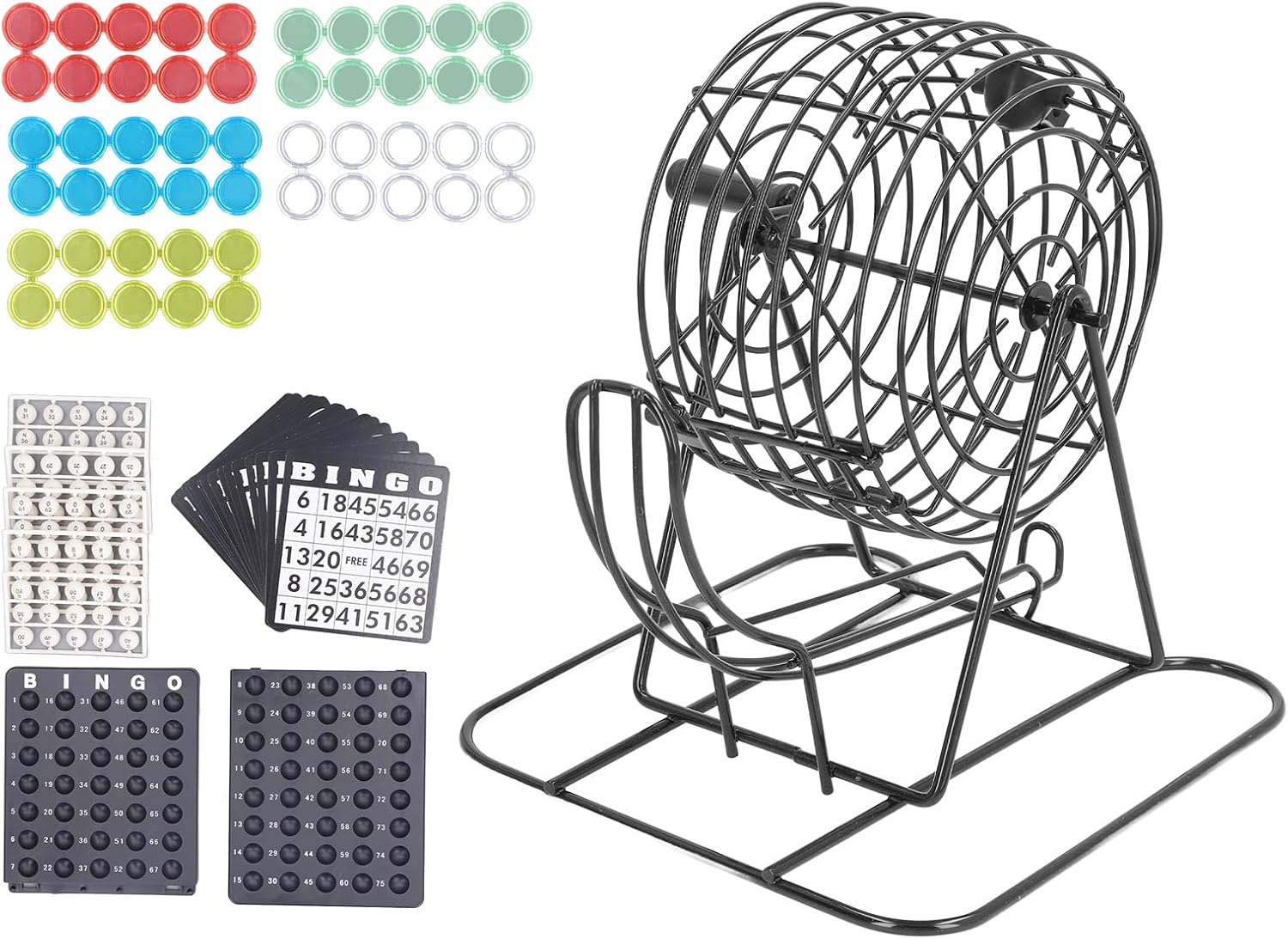 Family Bingo Set, Professional Bingo Game Set with Bingo Metal Cage, 75 Bingo Balls, Colorful Chips & Bingo Board, Deluxe Classic Carnival & Casino Game for Family Games, Party