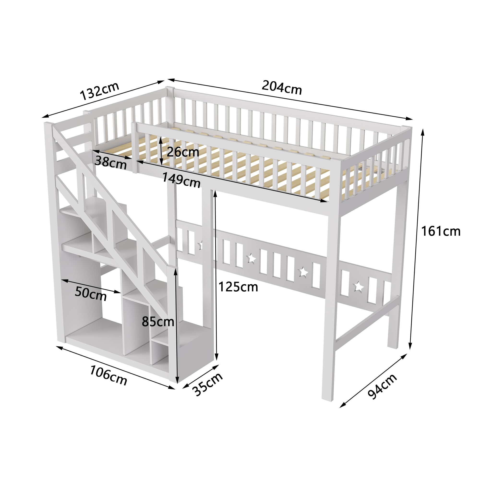 Etagenbett 90x200 mit Treppe & Stauraum, Hochbett Kinderbett mit Lattenrost, Funktionsbett Jugendhochbett Stockbett für Kinderzimmer, Jugendliche und Erwachsene, Weiß (Weiß, 90x200cm)
