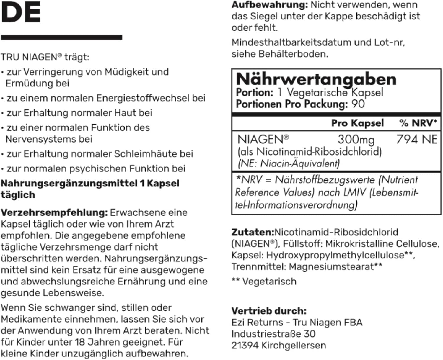 TRU NIAGEN Nicotinamid Riboside NAD Nahrungsergänzungsmittel, patentierte Formel NR, 300 mg pro Kapsel / 300 mg pro Portion, 180 Tage (6 Monate / 2 Flaschen)