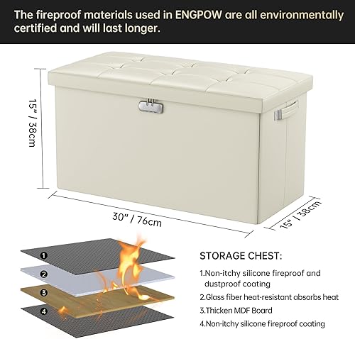 Miniatura 3 de ENGPOW Banco otomano de almacenamiento, banco plegable ignífugo con cerradura, 30 pulgadas, resistente al fuego y al agua, reposapiés, taburete