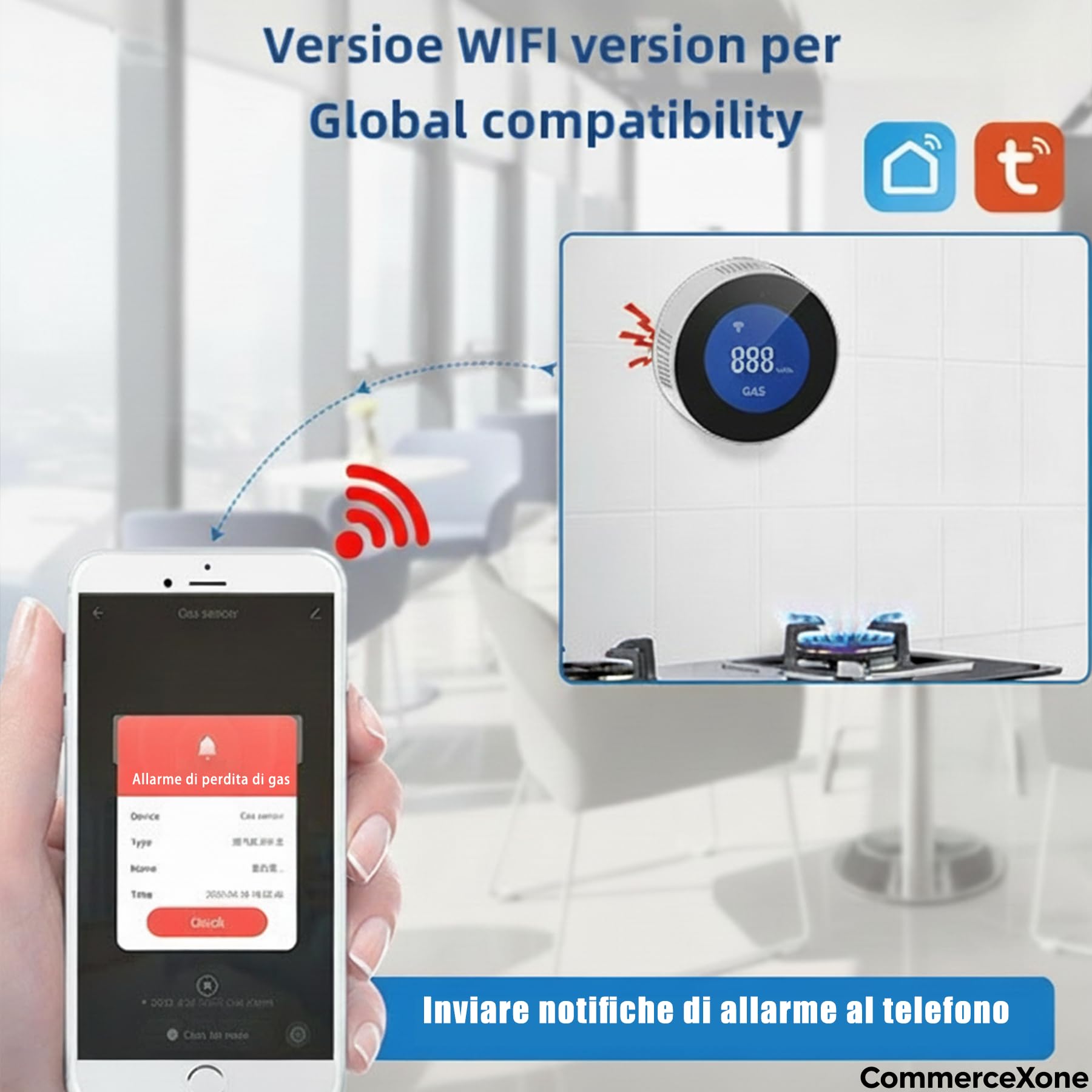Rilevatore di Gas WiFi, Sensore Fughe di Gas Naturale/Metano/GPL/Propano, Allarme 85 dB con Display LCD, Compatibile con App Smart Life/Alexa/Google, Certificato EN 50194, Spina Tipo C