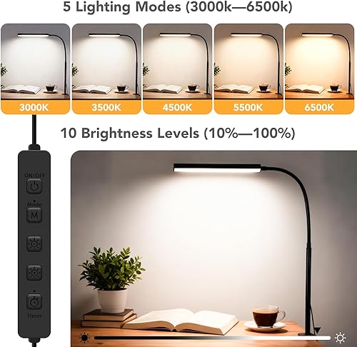 Miniatura 2 de Lámpara de escritorio LED pequeña con abrazadera, lámpara de clip que cuida los ojos para escritorio, 5 modos, 10 brillo, adaptador USB de cuello de