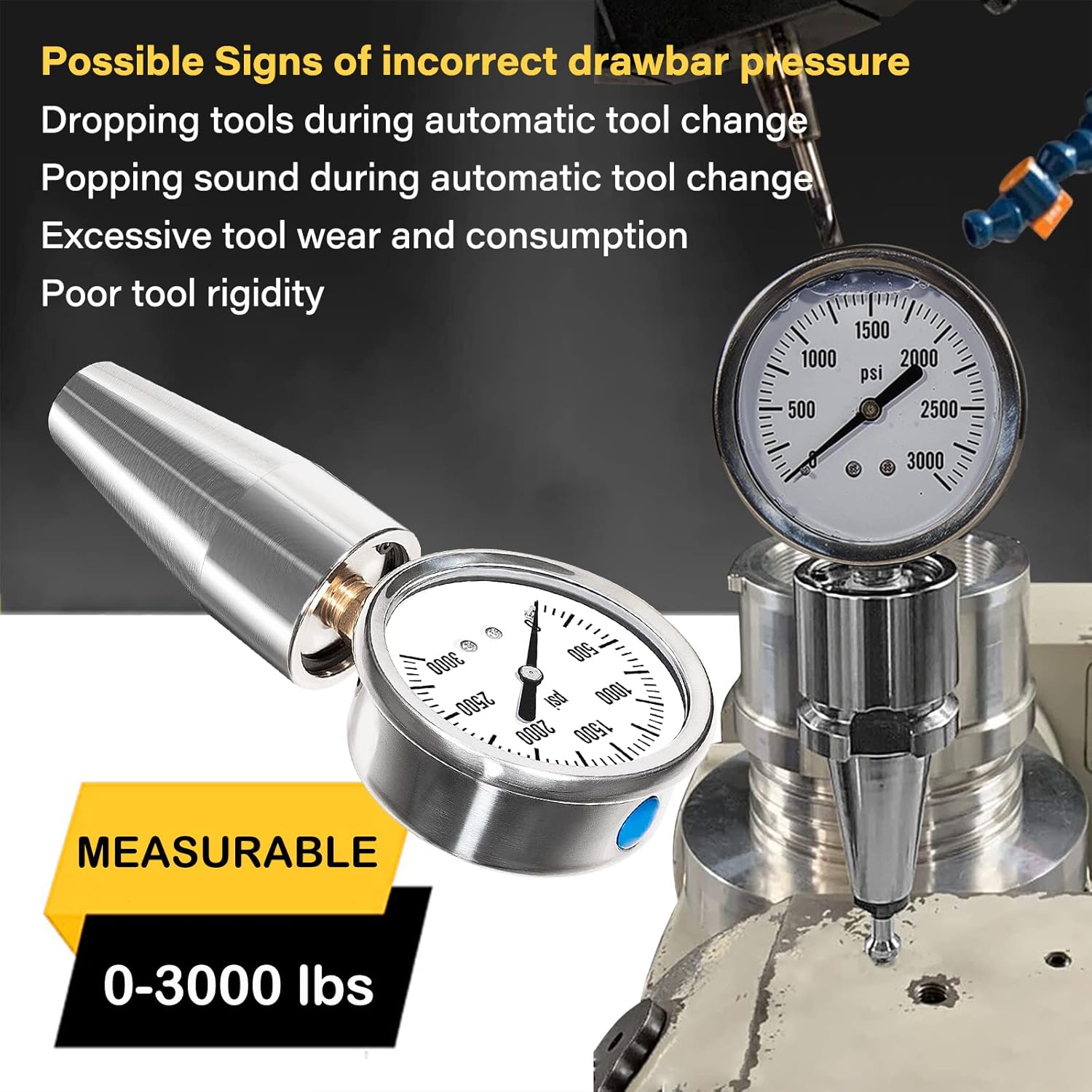CAT40 Bt40 Drawbar Force Gage Spindle Force Test Gauge Works on All CAT40 or Bt40 CNC Machines 5/8-11 Retention knob 0-3000 lbs of Drawbar Pull CAT40-DFG-1