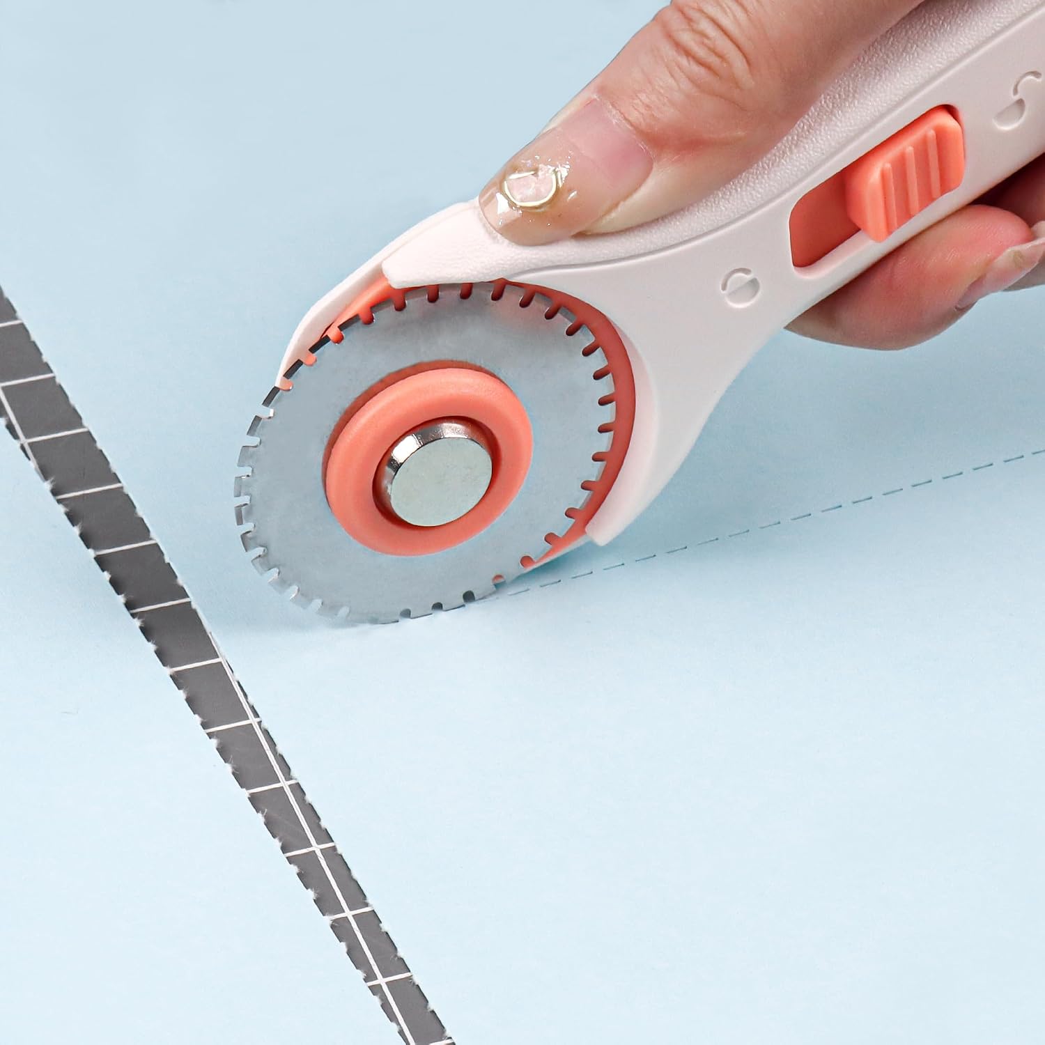 Bira 45mm Rotary Cutter, Straight Cut, Premium Steel Stick Fabric Cutter Cuts Through Multiple Layers, Sewing and Quilting Tools (Dotted Line Replacement Blades)