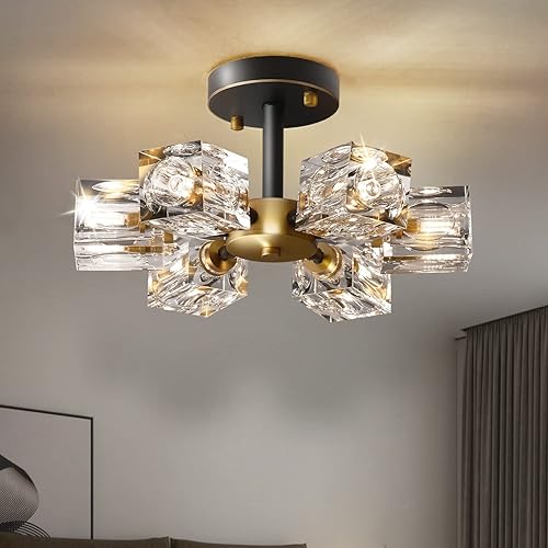 Miniatura 12 de Lámpara de techo moderna de cristal, lámpara de techo semiempotrada con 8 luces, candelabros Sputnik dorados para dormitorio, comedor, cocina de