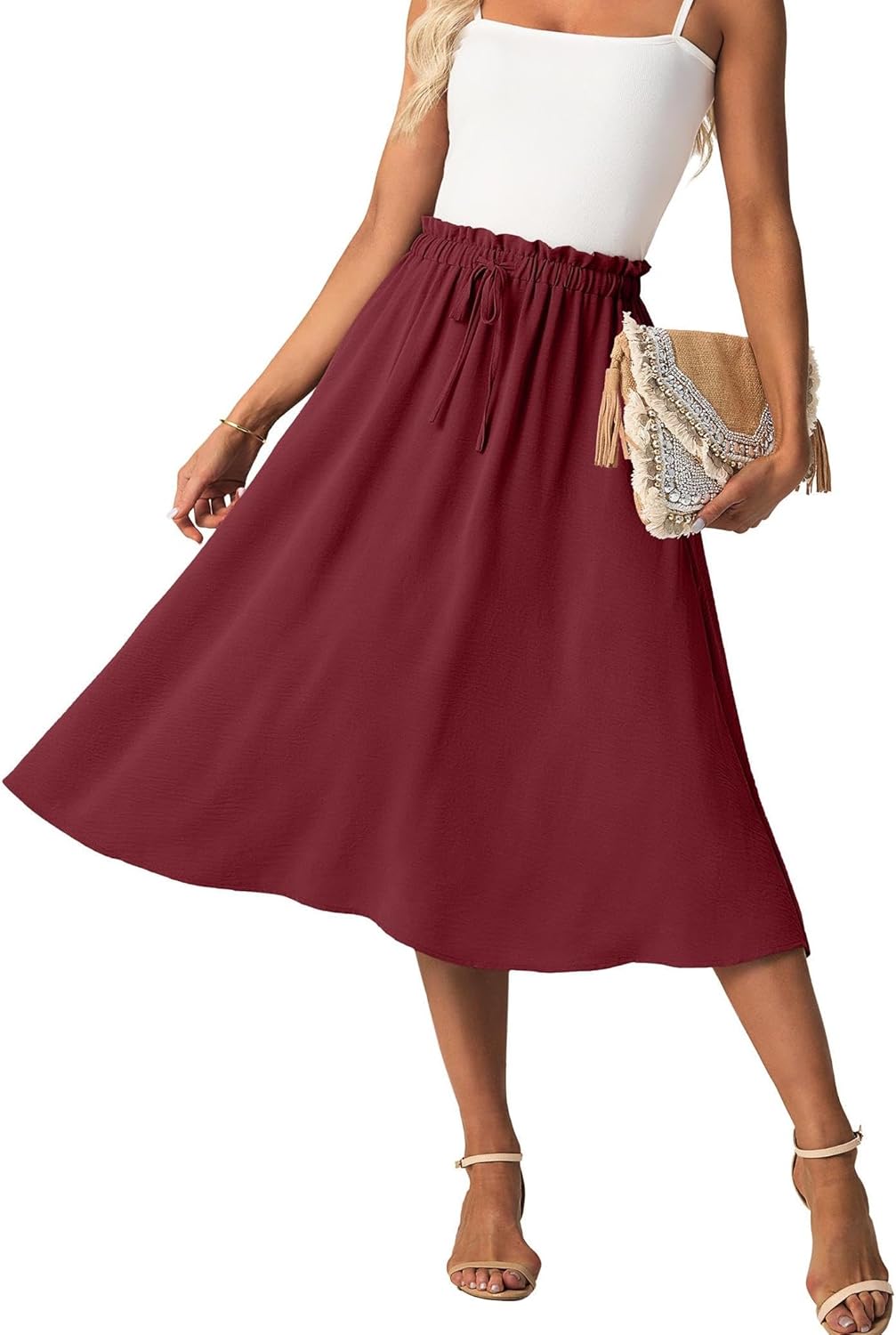 GRECERELLE Zomerse midi-rok voor dames, boho, vloeiend, casual, hoge taille, palazzo, A-lijn, rok met zakken en verstelbare ceintuur, Aqua Zee, XXL