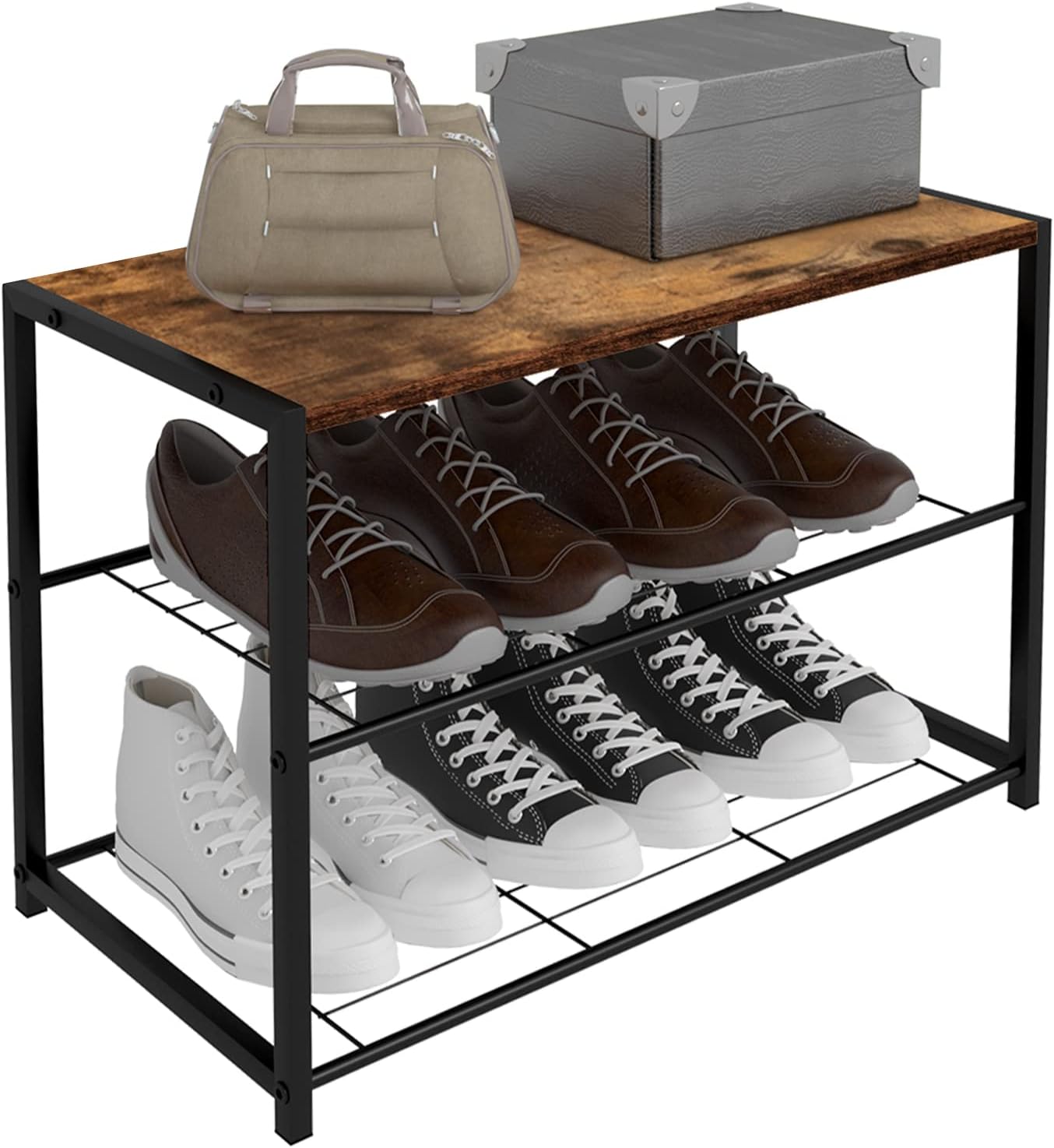 eSituro Shoe Rack 2 Tier Shoe Bench with Seat Storage Standing Wooden Shoes Cabinet for Home Hallway Vintage+Black Metal