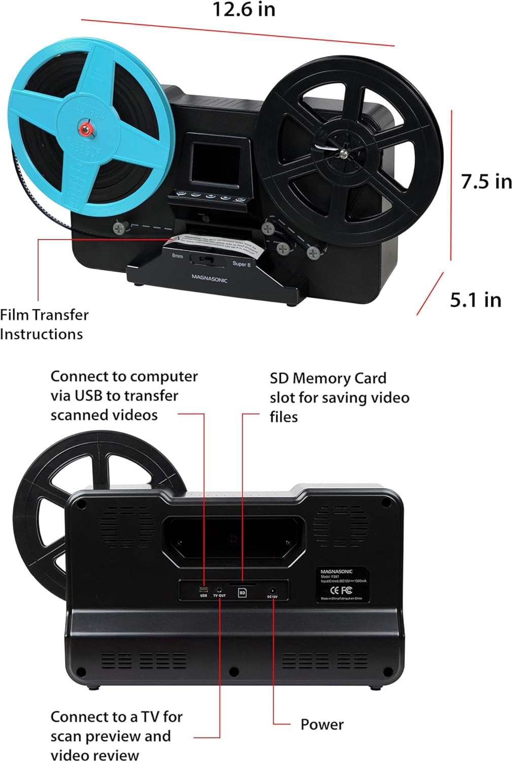 Diagram showing the dimensions and various ports of the Magnasonic FS81 Film Scanner.