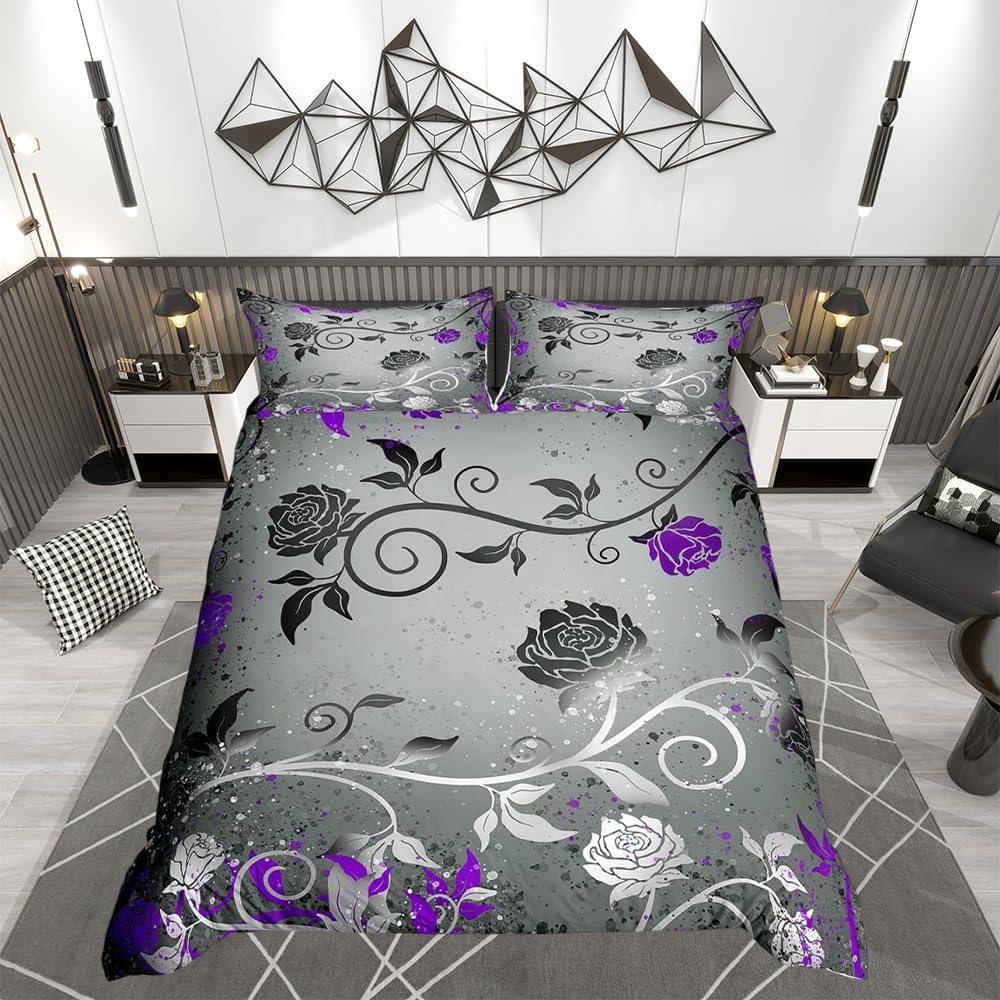 Homemissing Grey Black Purple Duvet Cover for Boys,Girls Modern Floral Rose Bedding Set Single Size,Chic Botanical Comforter Cover Kids Teen Room Decor Branch Abstract Modern Creativity — image 1
