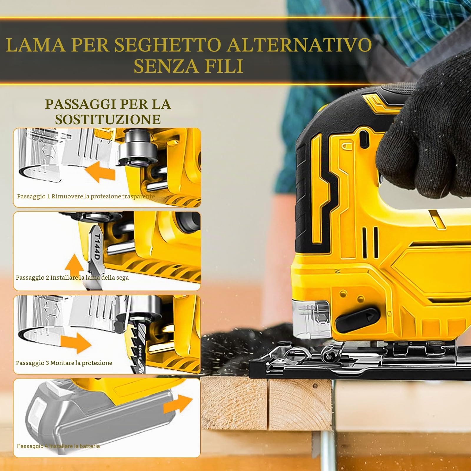 Sega elettrica senza fili per DEWALT, seghetto alternativo 400W 2700RPM con taglio smussato a 45°, 3 impostazioni orbitali con 6 lame di ricambio per metallo, PVC, compensato, PVC (per DEWALT)