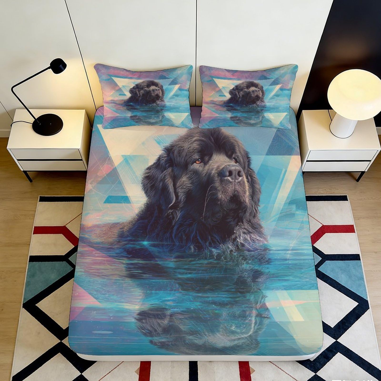 3D Printed Black Newfoundland Dog Fitted Sheet Microfiber Soft Mattress Cover Blue Water Art Bedroom Decor 120x200x25cm