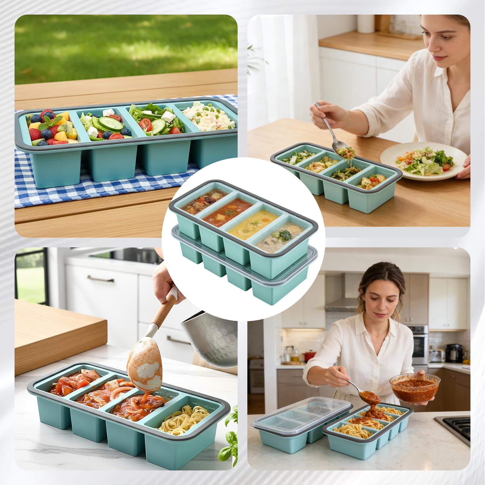 Vassoio per congelatore in silicone, vassoio per congelatore in silicone per cubetti di zuppa, stampo per cubetti di ghiaccio grandi, contenitore per congelatore extra large da 250 ml con coperchio