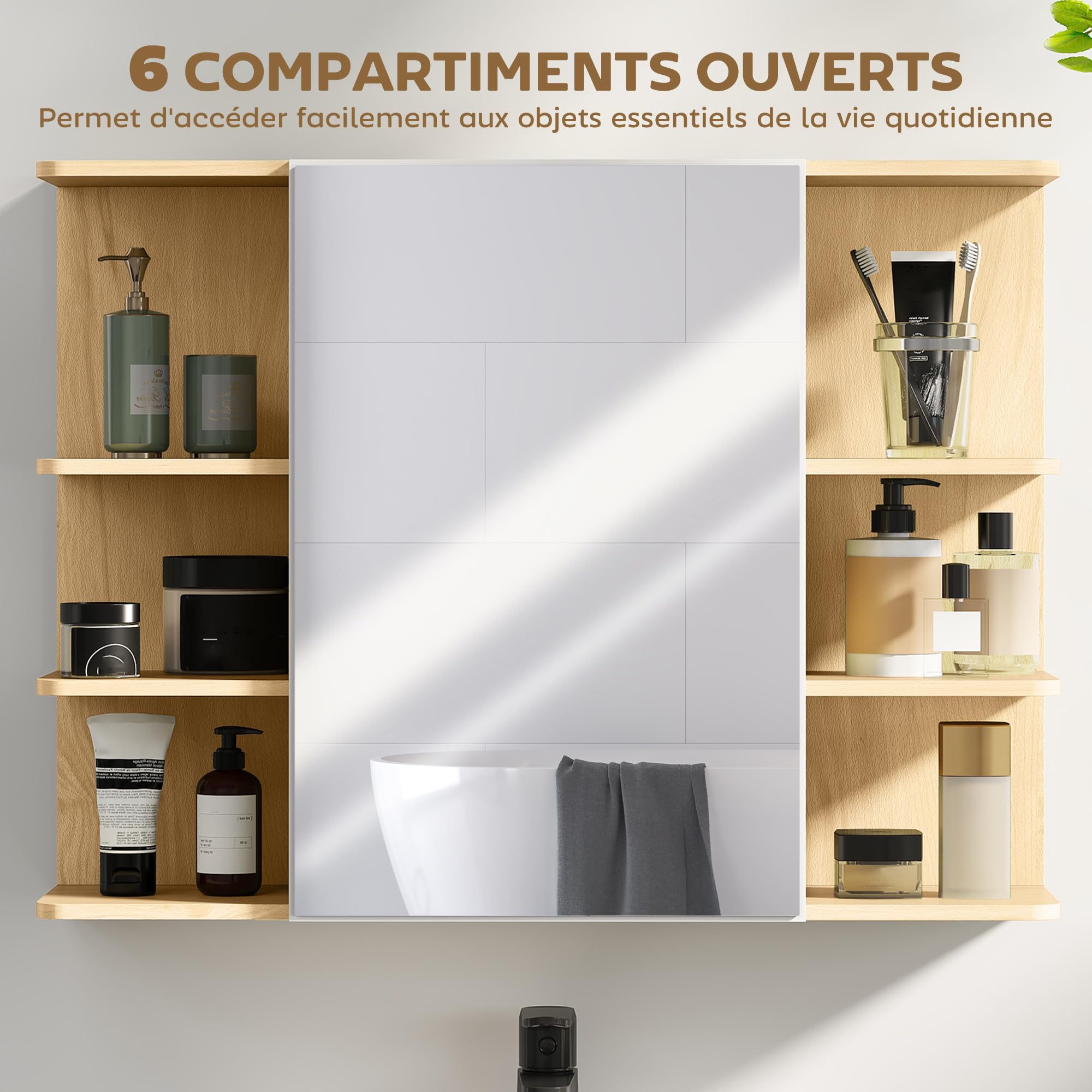 HOMCOM Armoire Murale Salle de Bain avec Miroir, Meuble Salle de Bain, Armoire de Toilette avec étagères Ouvertes, Miroir avec Rangement, 80 x 20 x 59 cm, Effet Bois Naturel