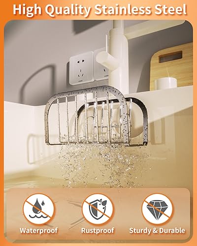 Miniatura 4 de SWTYMIKI Soporte de esponja para fregadero de cocina, soporte de esponja de fregadero móvil con ventosas de acero inoxidable para fregadero de acero