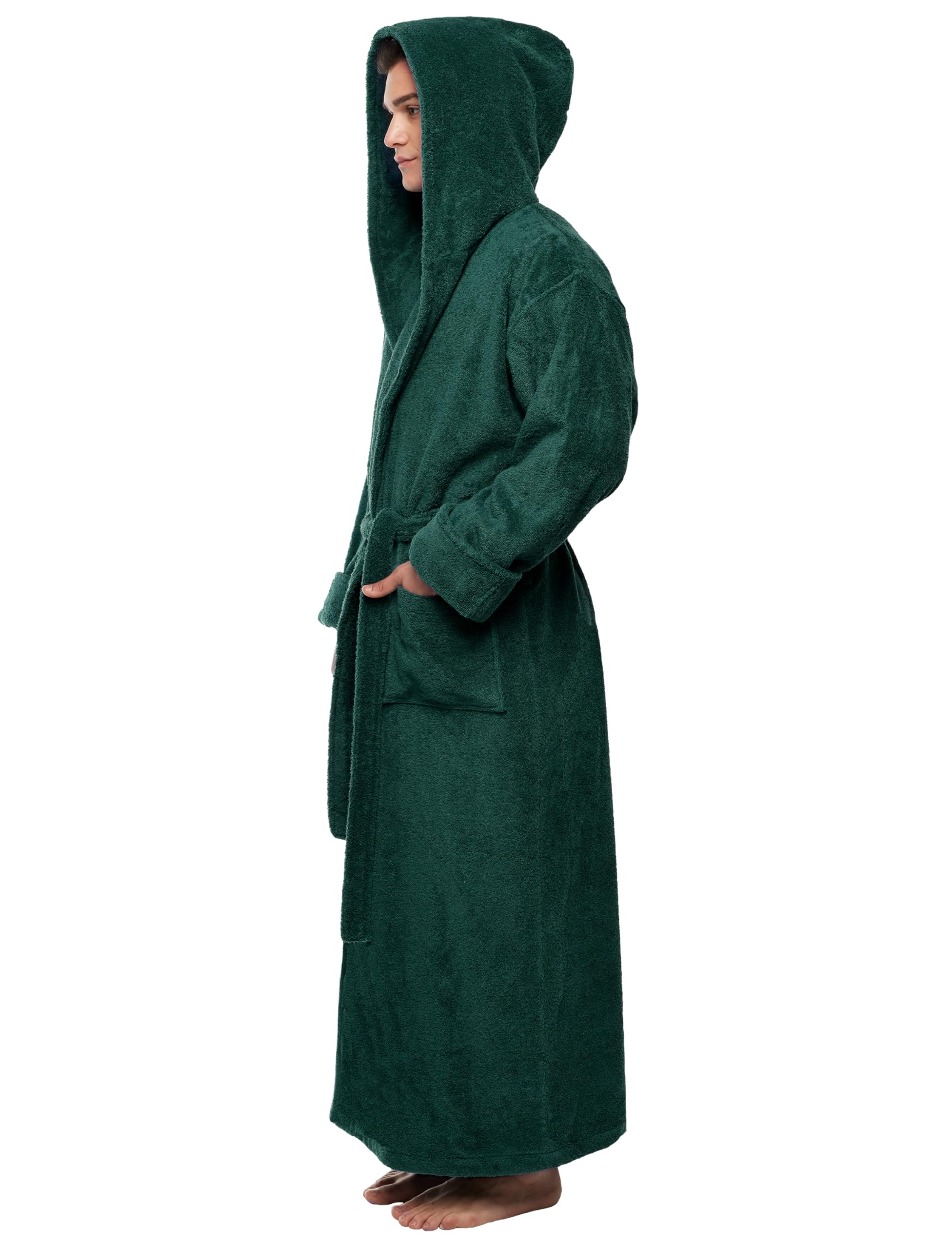 Arus Hood'n - Accappatoio da uomo in cotone turco con cappuccio, lunghezza alla caviglia, verde scuro, Large