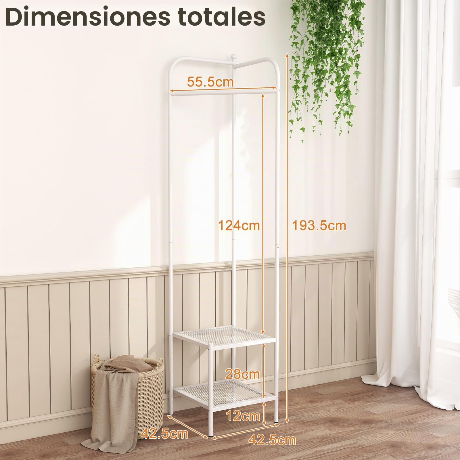 HOMASIS Perchero de Pie de Metal Resistente,3 en 1 Perchero de Esquina con Colgador Ropa y Zapatero y Estantes, para Pasillo, Salón, Dormitorio (Blanco)