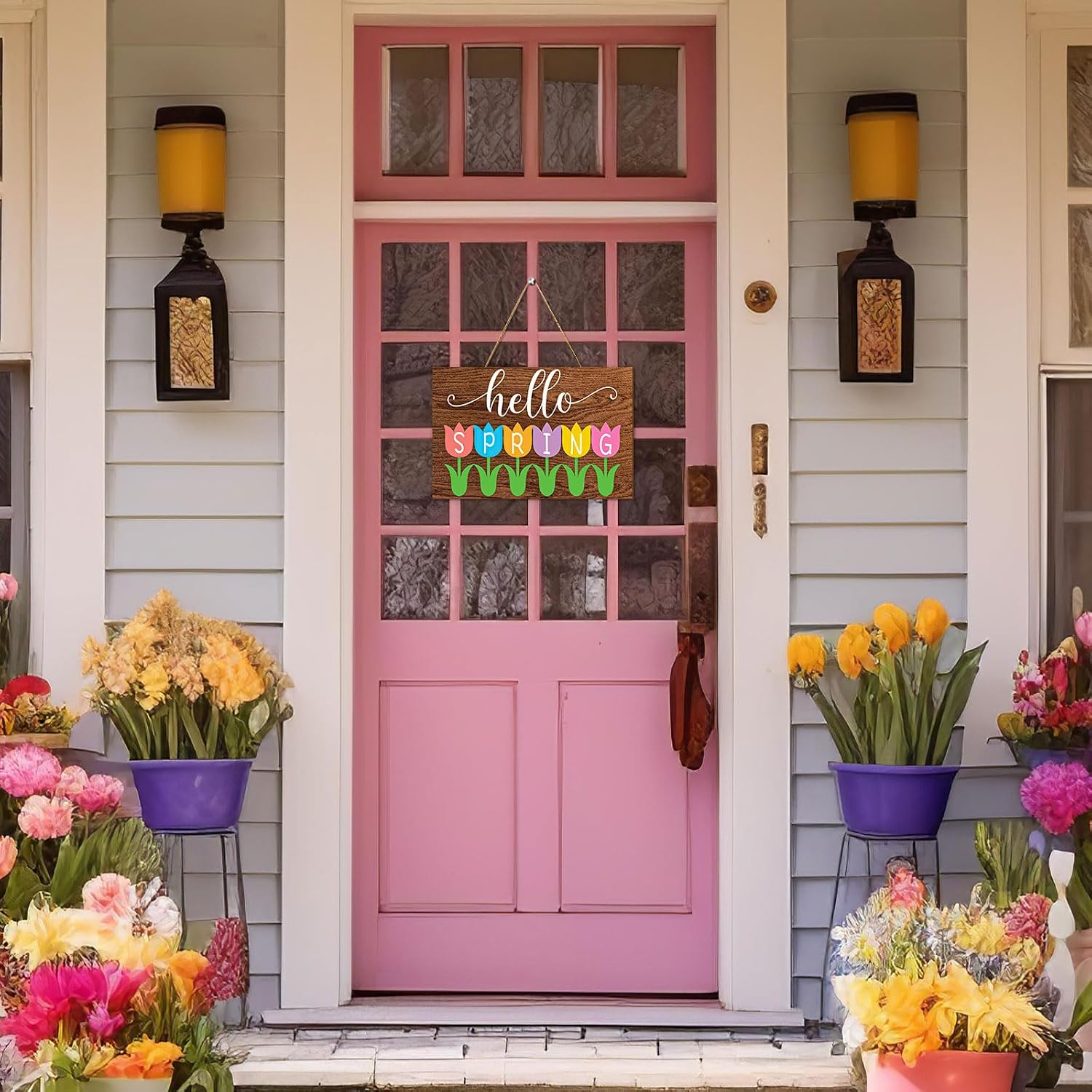 Whaline Hello Spring Wooden Hanging Sign Tulip Flower Welcome Wood Sign Floral Farmhouse Door Decor Plaque for Indoor Outdoor Porch Wall image 4