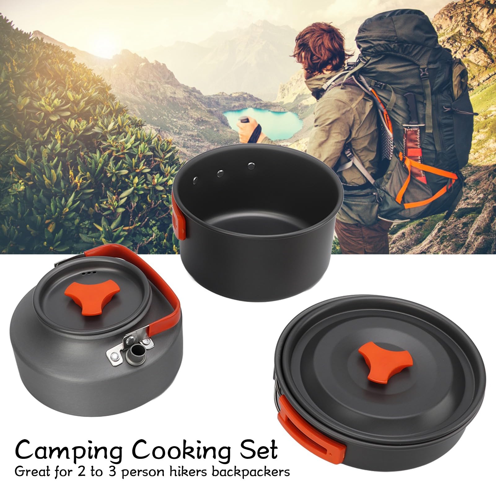 Complete Camping Cooking Set, Camping Cookware Mess Kit, Non-Stick Cooking Equipment Lightweight Stackable Pot Pan Bowls for 2-3 People, Includes Tea Kettle, Frying Pan,Storage Bag, Outdoor Adventures