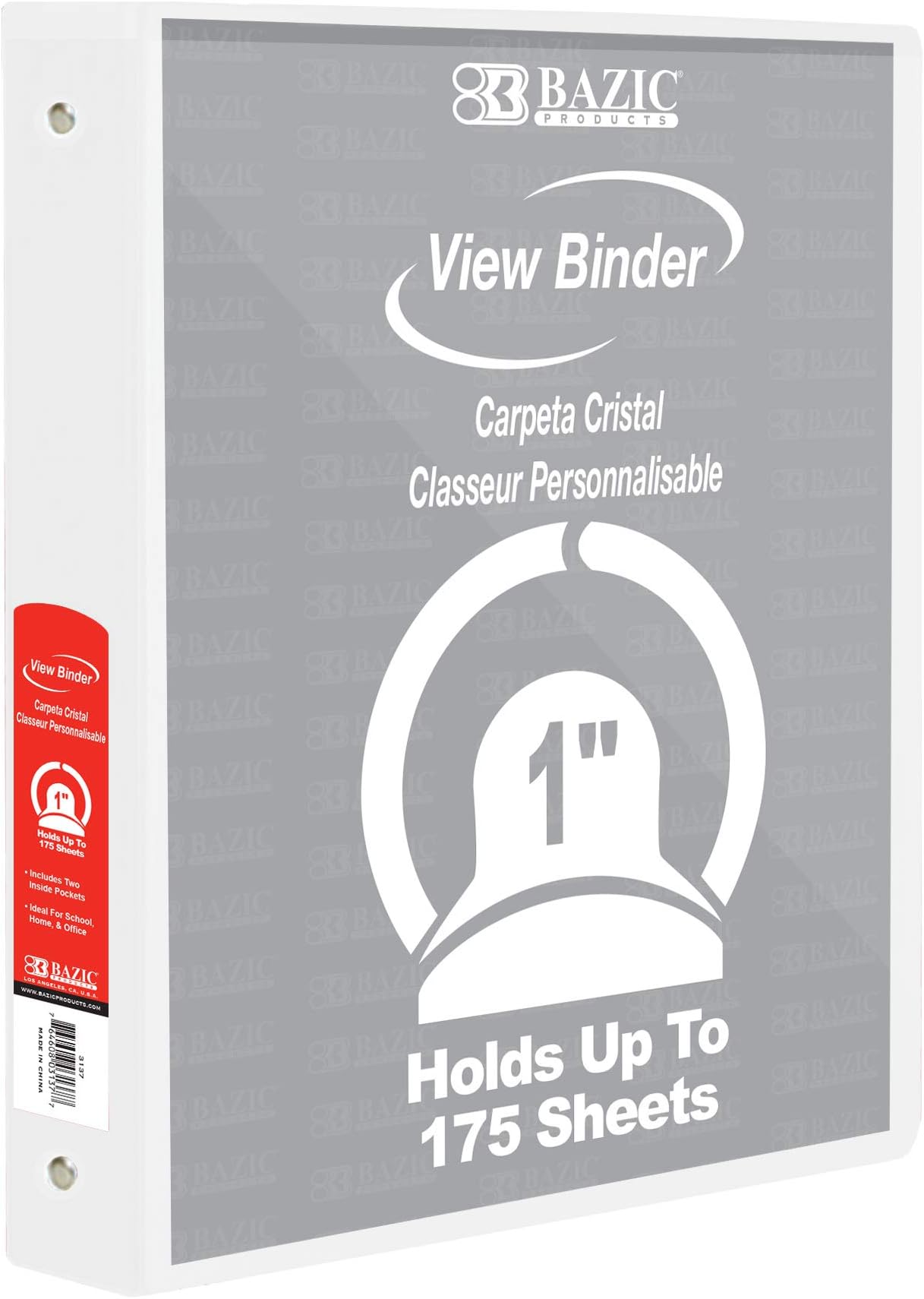 BAZIC Products 3 Ring Binder - White, Economy View Binder with Clear Overlay Cover and Round Rings, Organizer for School Office Home Use, 1-inch Capacity Holds 175 Sheets Paper, 1-Pack