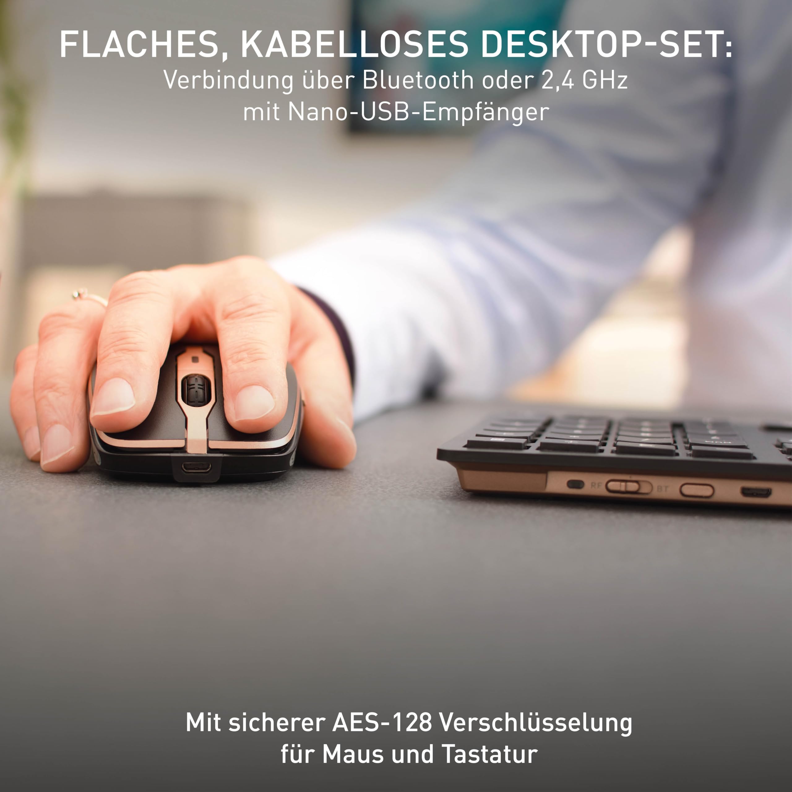 CHERRY DW 9100 Slim, Kabelloses Tastatur-Maus-Set, Tschechisches/Slowakisches Layout (QWERTZ/QWERTY), Bluetooth & 2,4 GHz Funk, Wiederaufladbar, Schwarz-Bronze