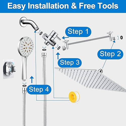Miniatura 8 de Cabezal de ducha de lluvia cuadrado con combo de mano de alta presión 3+6 modos de lavado eléctrico integrado, cabezal de ducha de 10 pulgadas con