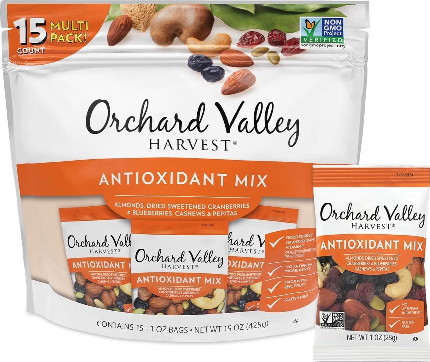 Antioxidant Mix, 1 Ounce Bags | Pack Of 15, Almonds, Cranberries, Blueberries, Cashews, Pepitas, Non-GMO, No Artificial Ingredients, Healthy Snack For Adults