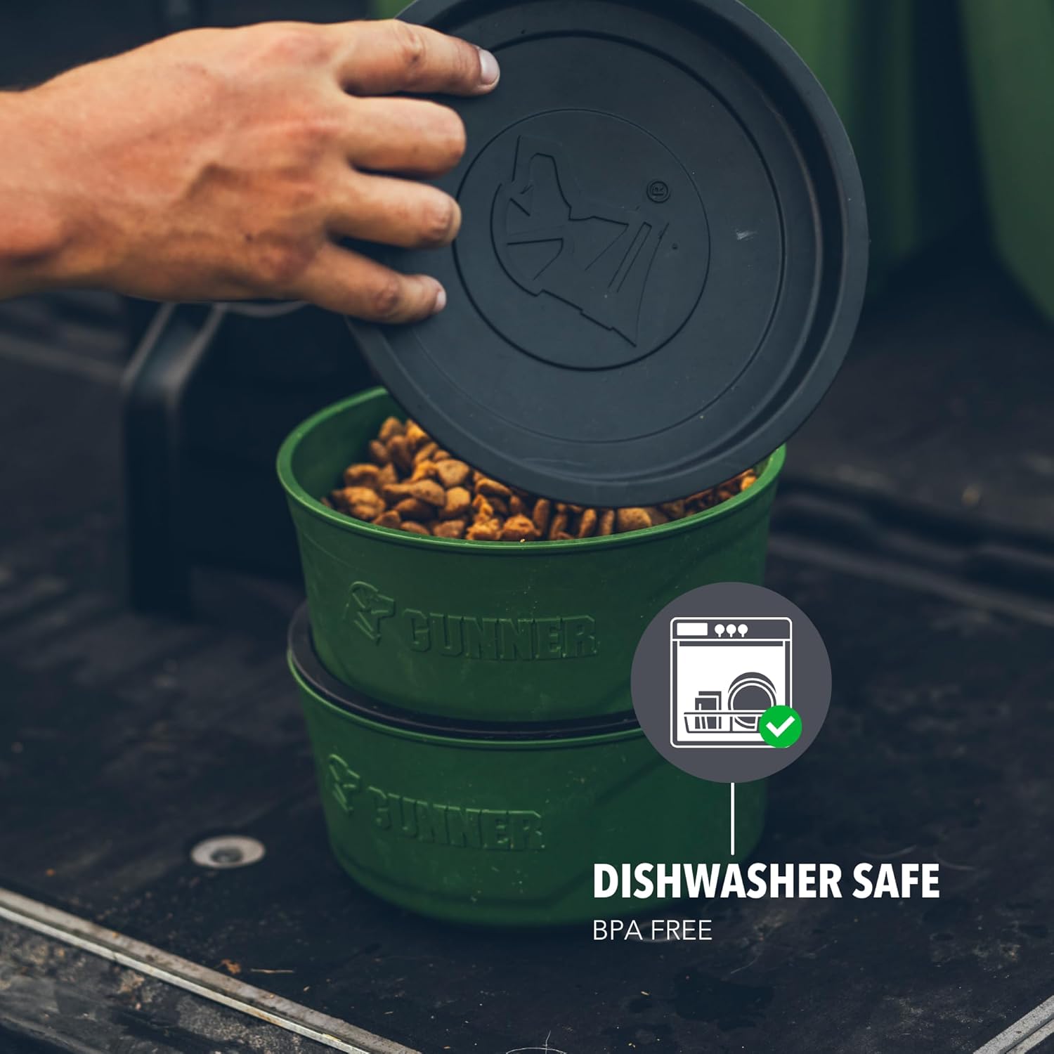 GUNNER Dog Bowl with Spill-Proof Travel Lid – 7.5" x 3.75", 1.3 lb, 7-Cup Capacity, BPA-Free, Rust-Proof, Shock-Resistant, Stackable, Dishwasher Safe, Leak-Resistant Nesting Lid – Green