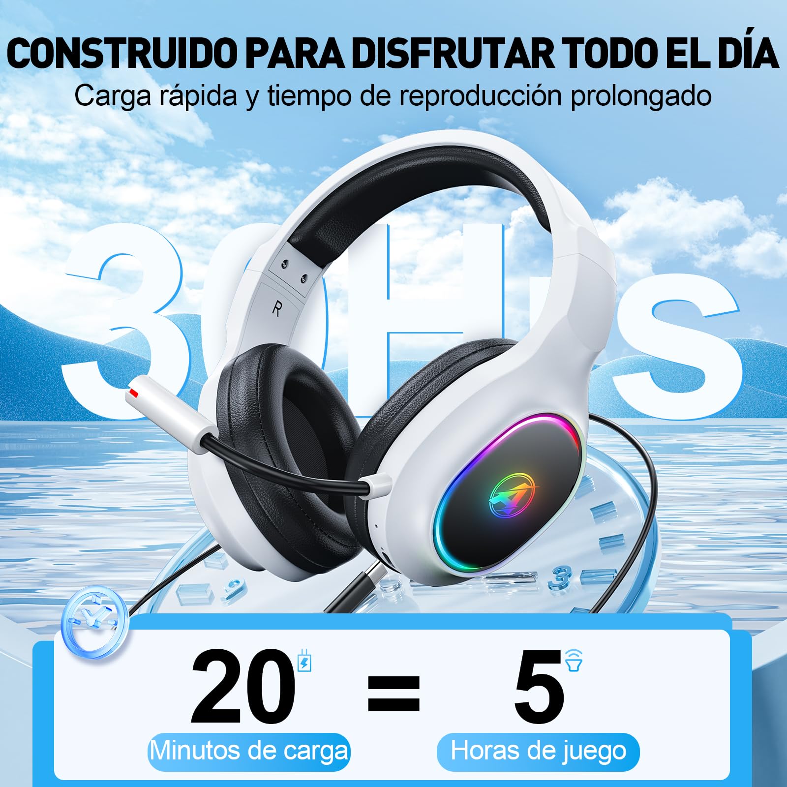 Cascos Gaming Inalambricos para PS4, PS5, PC, Mac, Switch, Auriculares Gaming Inalambricos con Cancelación de Ruido y Luz RGB, 2,4 GHz, Sonido Estéreo 7.1, Blanco