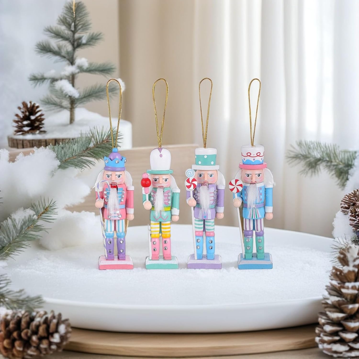 Christmas Nutcracker Soldier Ornaments 4pcs Wooden Hanging Decorations Vintage Nutcracker for Tabletop Fireplace Holiday Seasonal Décor 2 Sets