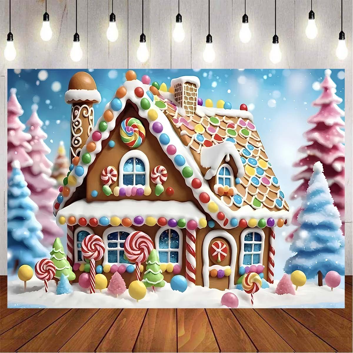 Toile de fond pour photographie de Noël en forme de maison en pain d'épices à paillettes pour échange de biscuits Candyland Hiver Flocon de Neige Toile de fond sucre d'orge Sucette Arbre Bannière