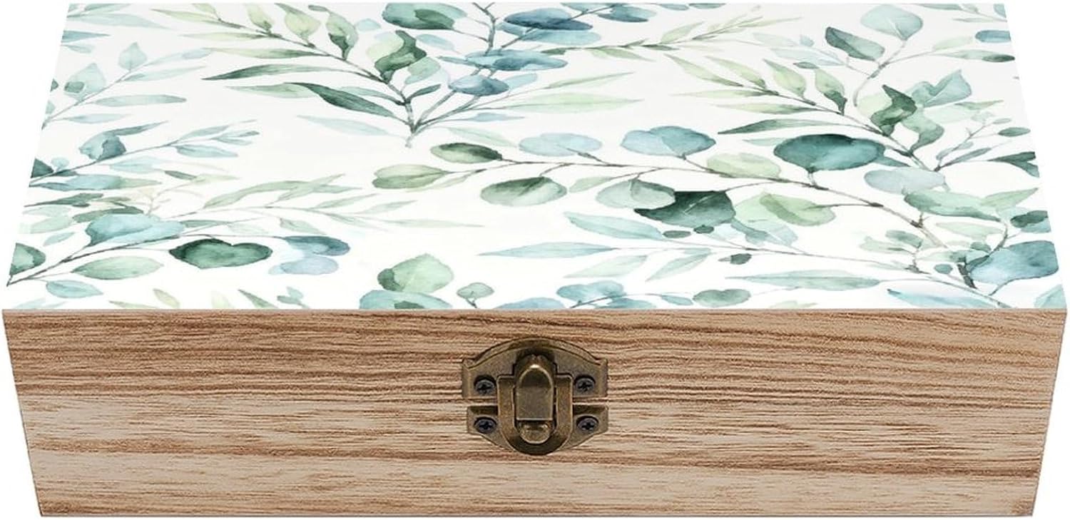 Watercolor Eucalyptus Leaves Wooden Storage Box 7.9" X 3.9" X 2.3"