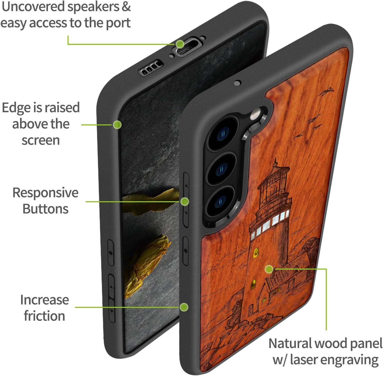 Carveit Designer Wooden Case for Samsung Galaxy S23 Cover [Wood Engraving & Shell Inlay] Compatible with Wireless Chargers S23 Case (A Flashing Lighthouse-Rosy)