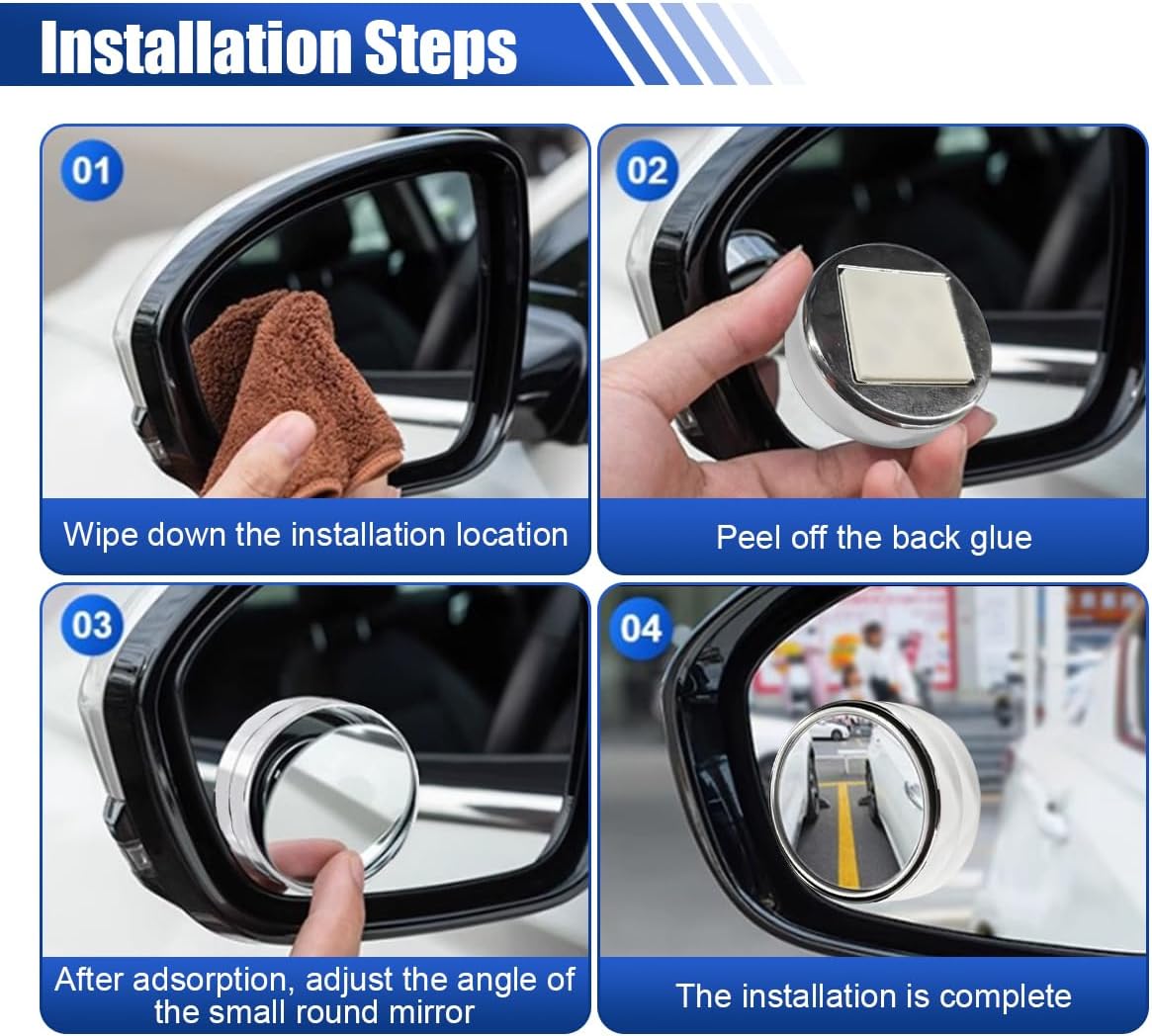 2PCS Blind Spot Mirrors, 2" Round HD Glass Convex Car Rear View Mirror, 360° Adjustable Wide Angle Side Mirror with Self Adhesive Back, Universal for Cars, SUVs, Trucks (Silver)