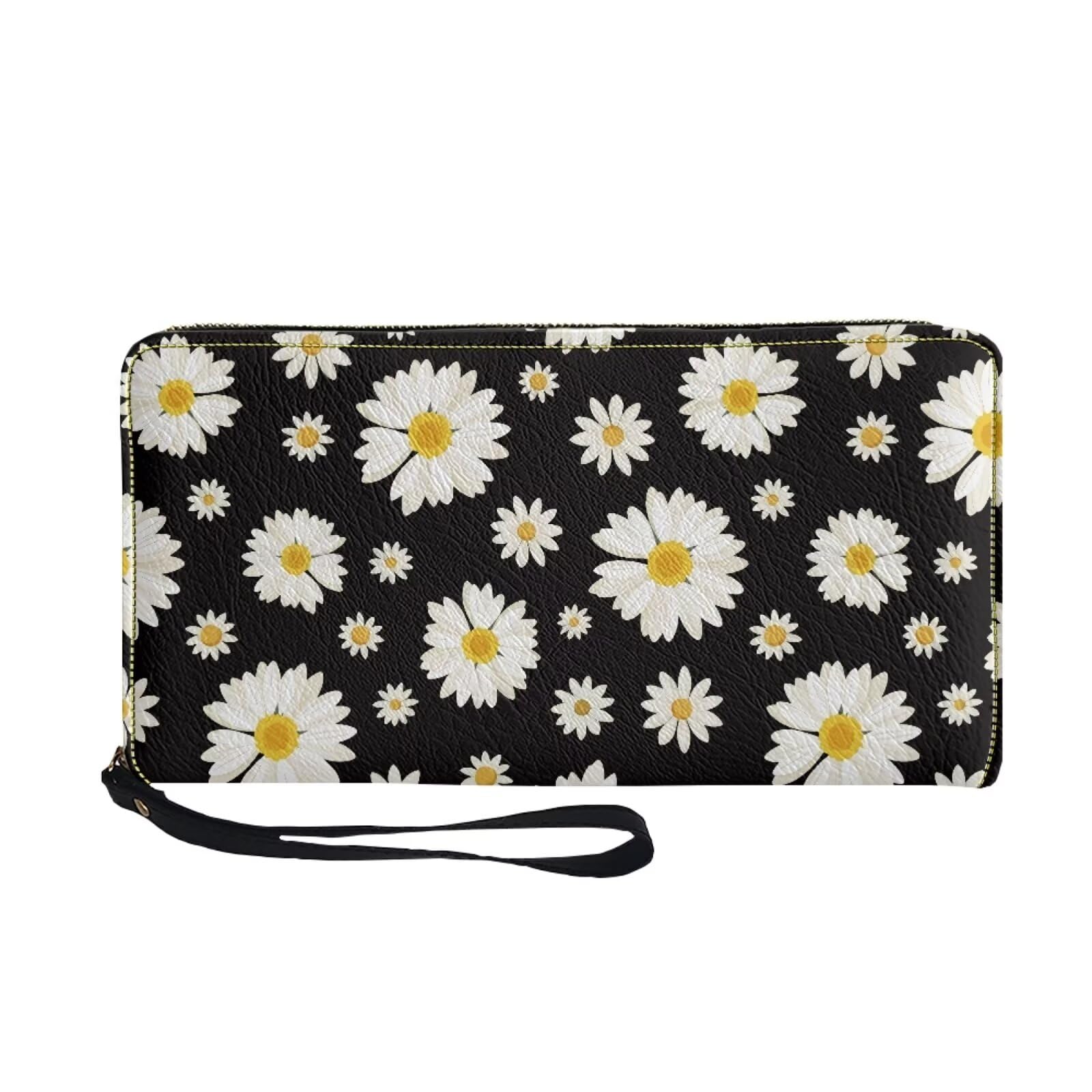 Giftbloom Funny Womens Wallet with Zipper Daisy Print Clutch Wallet for Women Soft Portable Leather Wristlet Purse Zipper Around Large Capacity Credit