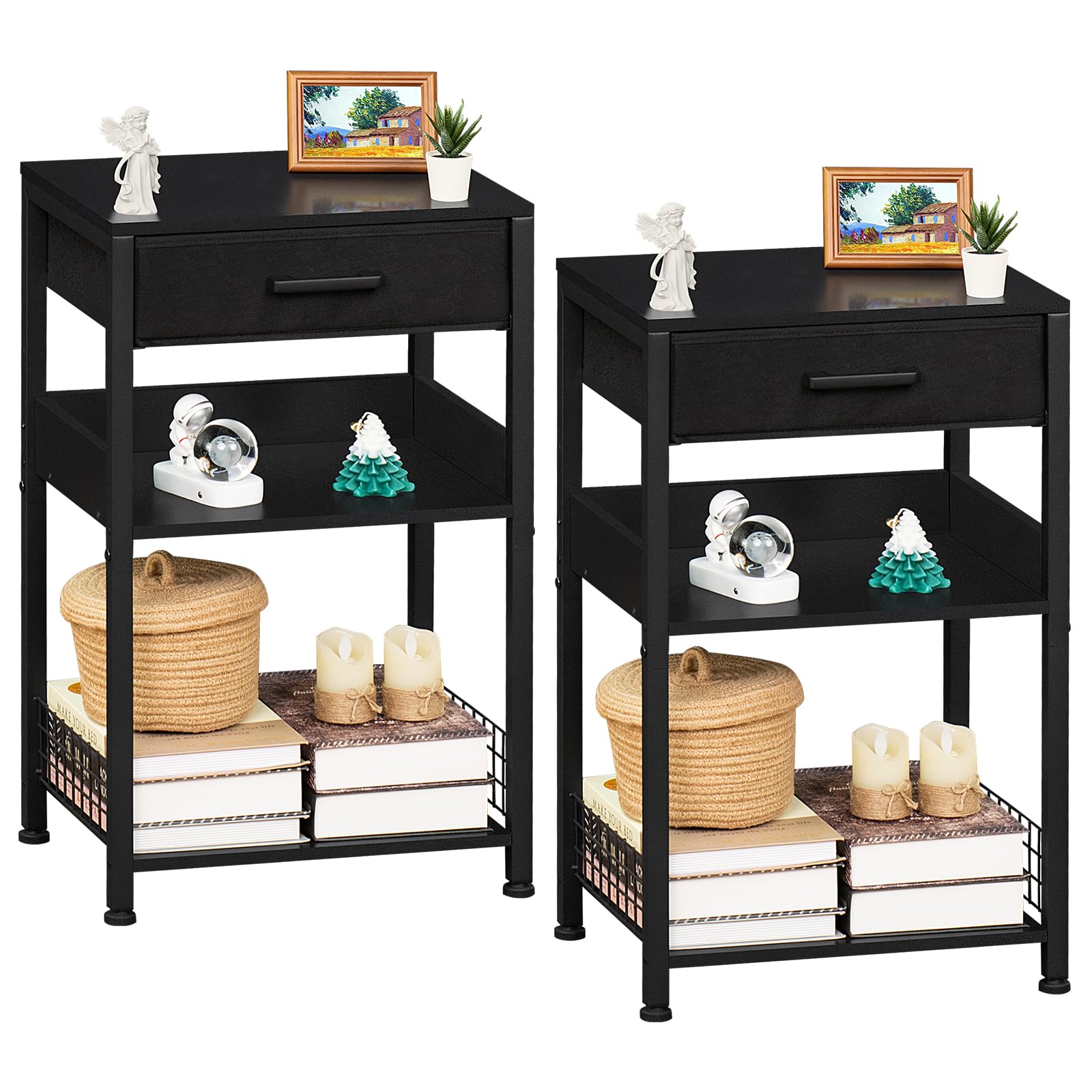 Lerliuo Pure Black Printer Table Set of 2,3 Tier Industrial Printer Stand with with Fabric Drawer,Tall End Table with Storage Shelf,Nightstand,Bed Side Tables for Scanner Fax Home Office Small Spaces