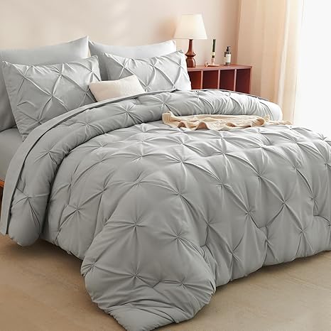CozyLux Full Size Comforter Sets Light Grey, 7 Pieces Pintuck Bed in A Bag Gray Comforter Full Size, Pinch Pleat Bedding Sets with All Season Comforter, Sheets, Pillowcases & Shams