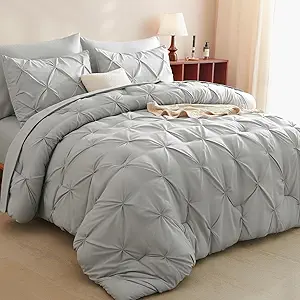 CozyLux Twin XL Comforter Set Light Grey, 5 Pieces Twin Extra Long Pintuck Bed in A Bag for College Dorm, Pinch Pleat Bedding Set with Comforter, Sheets, Pillowcase & Sham