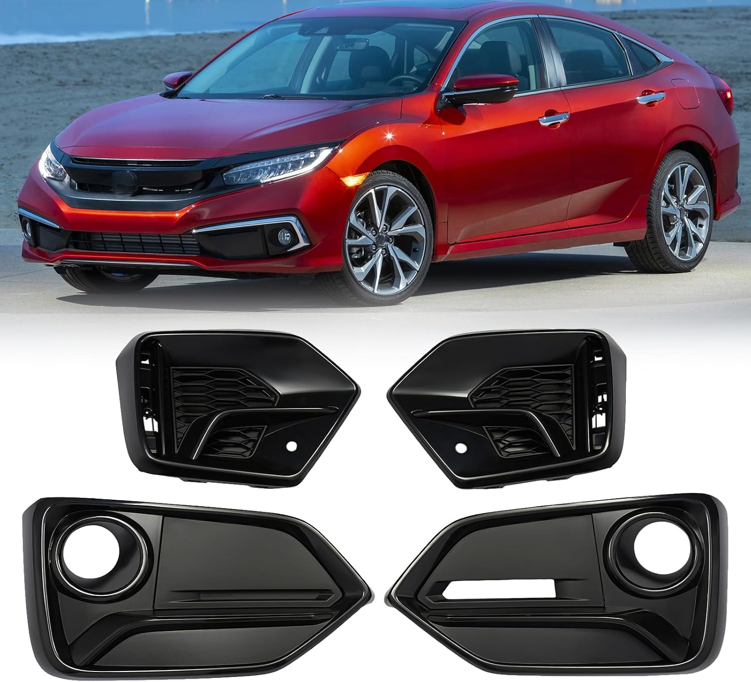Fog Lamp Cover Kit for 2016-2021 Honda Civic Si 4DR Sedan, Front & Rear ABS Direct Replacement, Black Protective Grille Set