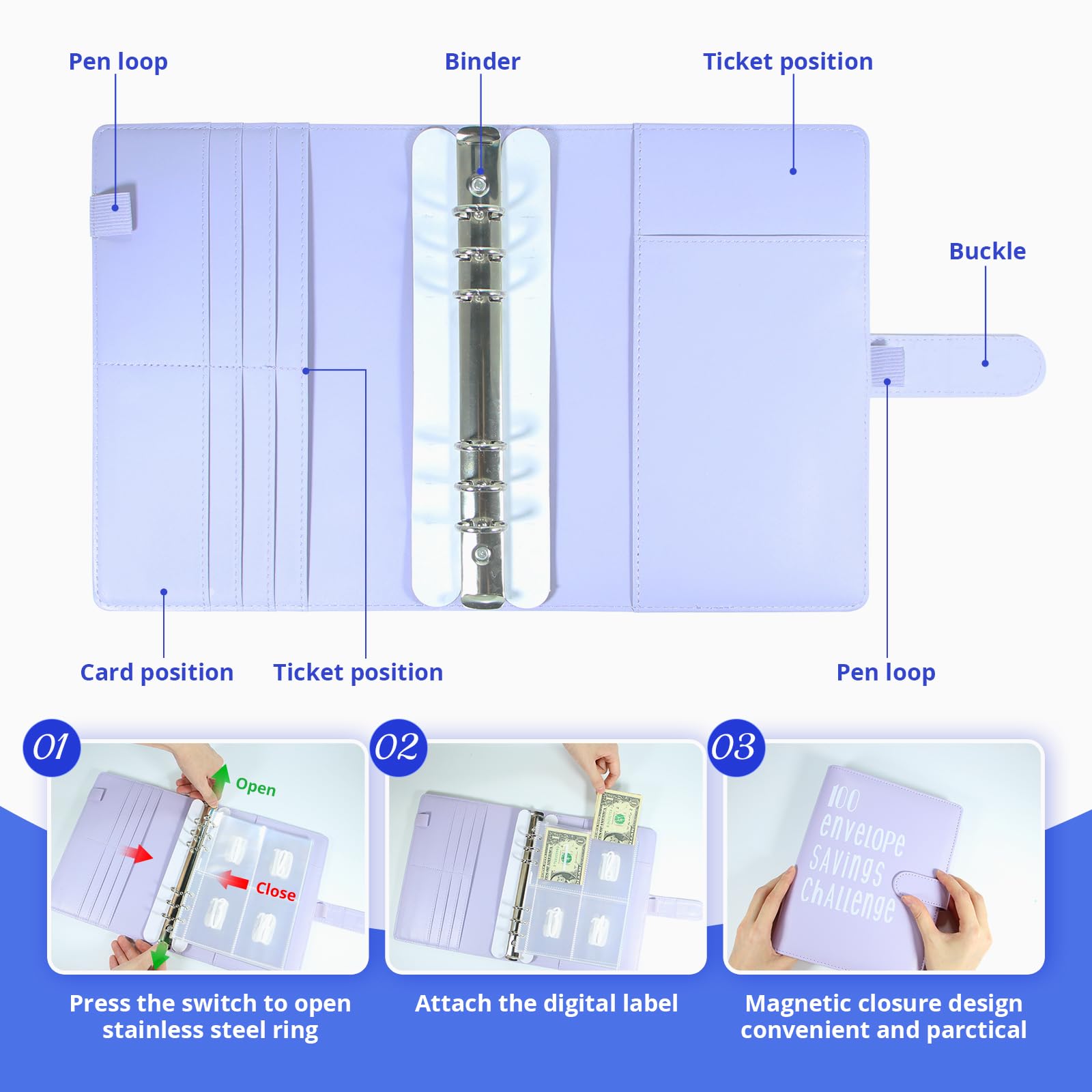 100 Envelope Challenge Binder Budget Planner Kit A5 Salvadanaio Sfida Risparmia denaro con scomparti per banconote e adesivi