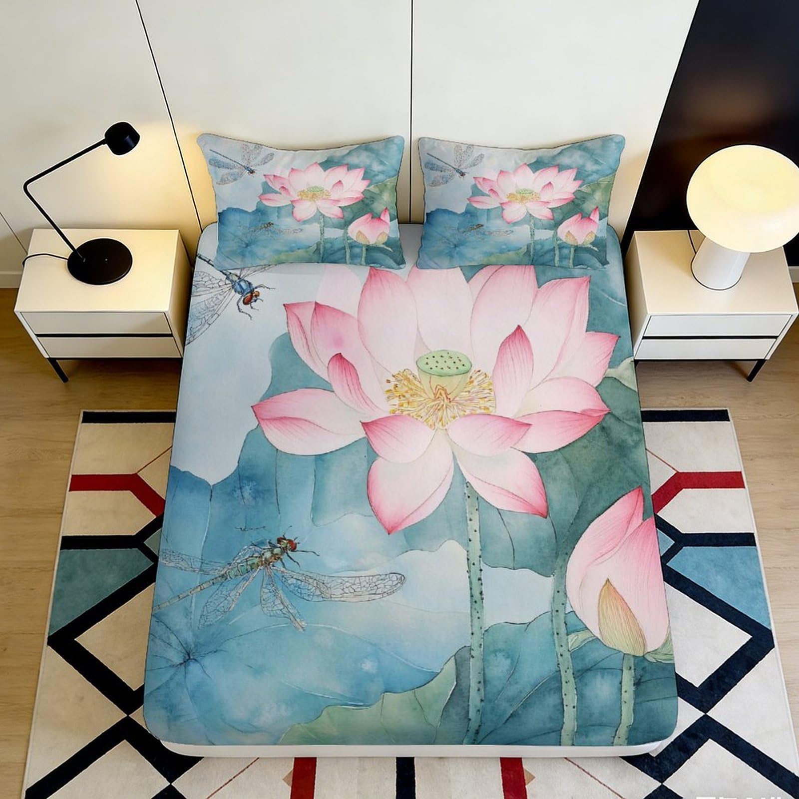 3D Printed Lotus Blossom Fitted Sheet Microfiber Soft Dragonfly Art Mattress Cover for Bedroom Dorm Decor 120x200x25cm