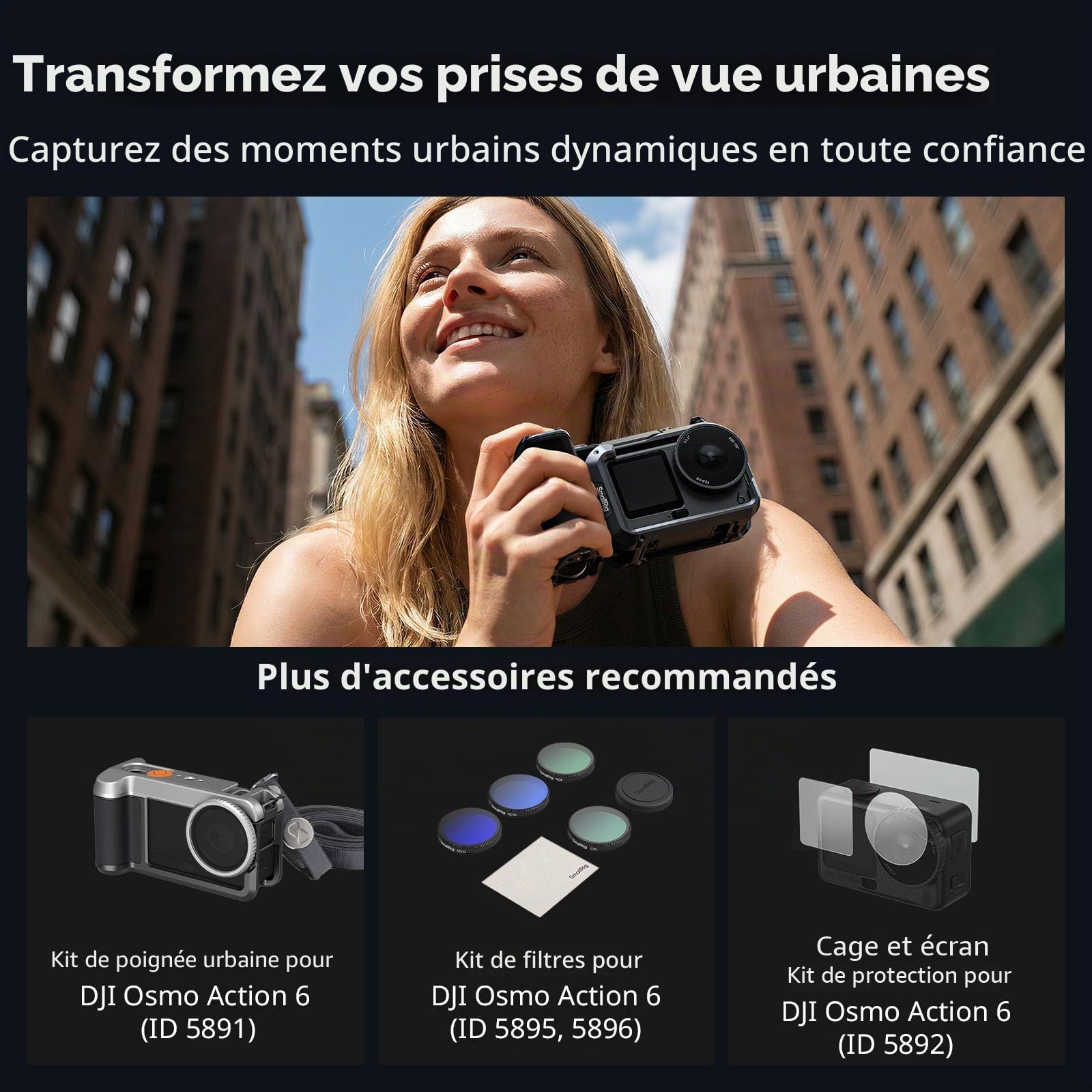 SMALLRIG Kit de poignée pour DJI Osmo Action 6 avec Cage en métal, poignée pour Photographie de Rue pour DJI, Action 6 avec Bouton d'obturation, Patte de Fixation, Sangle de Poignet, Protection - 6037