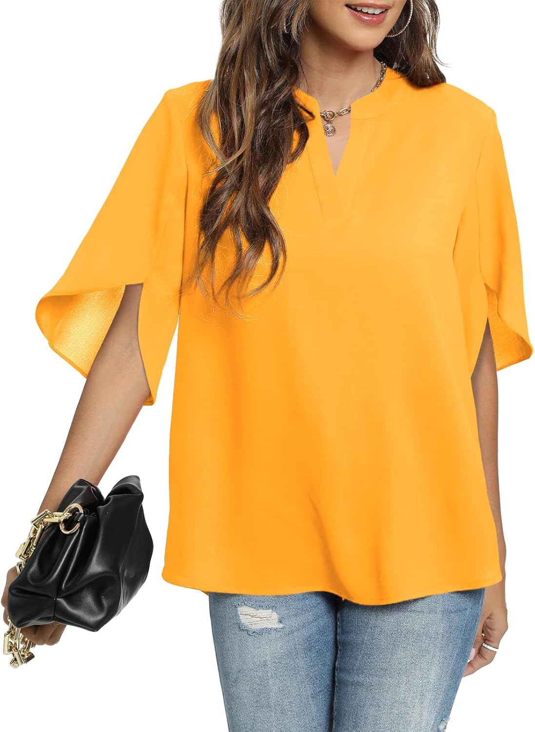 FUNLINGO Women's Summer Tops Short Sleeve Casual Shirts V Neck Chiffon Dressy Blouse Tops - Image 2