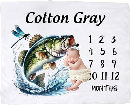 Personalized Baby Milestone Blanket for Boys - Custom Newborn Blanket with Name, Fish Monthly Baby Milestone Blanket for Boys, Baby Growth Milestone Monthly Blanket for Shower Gift